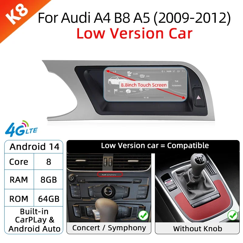 Android 14 Draadloze Carplay Autoradio voor Audi A4 B8 A5 2008-2017 GPS Autoradio IPS Touchscreen Multimedia Android Auto BT DSP - afbeelding 1
