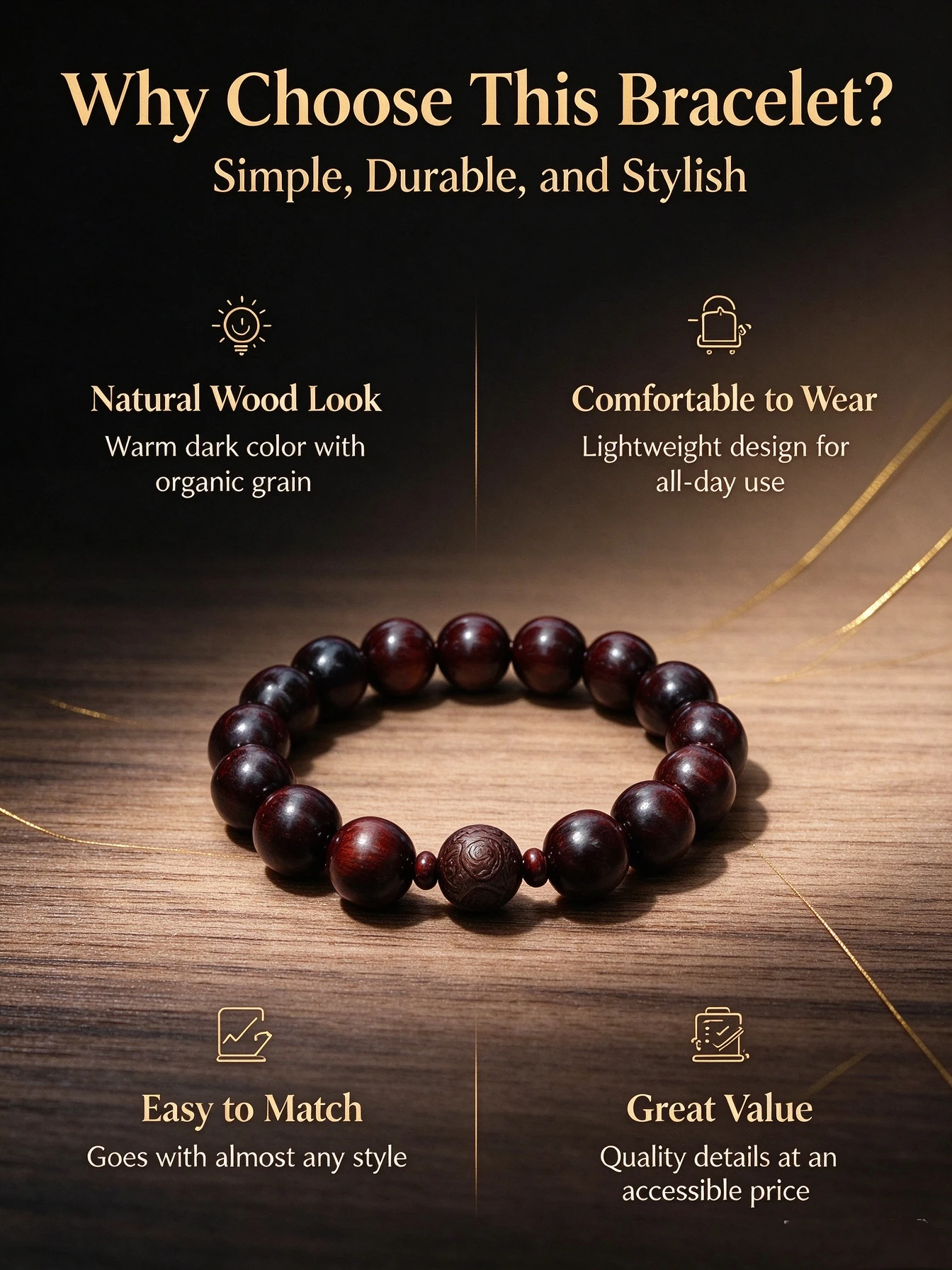 Solid Dark Natural Wood Round Beads Bracelet, Elastic Stretch Cord, Hand Polished Surface, Vintage Style Decor Jewelry, Birthday Gift