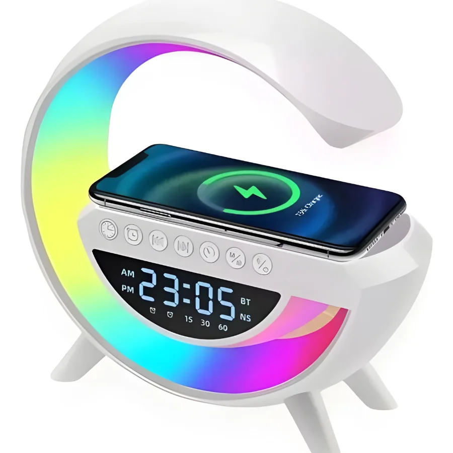 Relógio Mesa Luminária G Caixa Som Bluetooth Carregador 6x1 Cor Branco