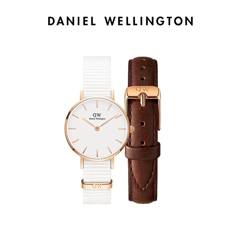 

Daniel Wellington Petite Dover Watch & Interchangeable Brown Strap 2Pcs Set 28mm Rose Gold White 3ATM Waterproof Women Gift