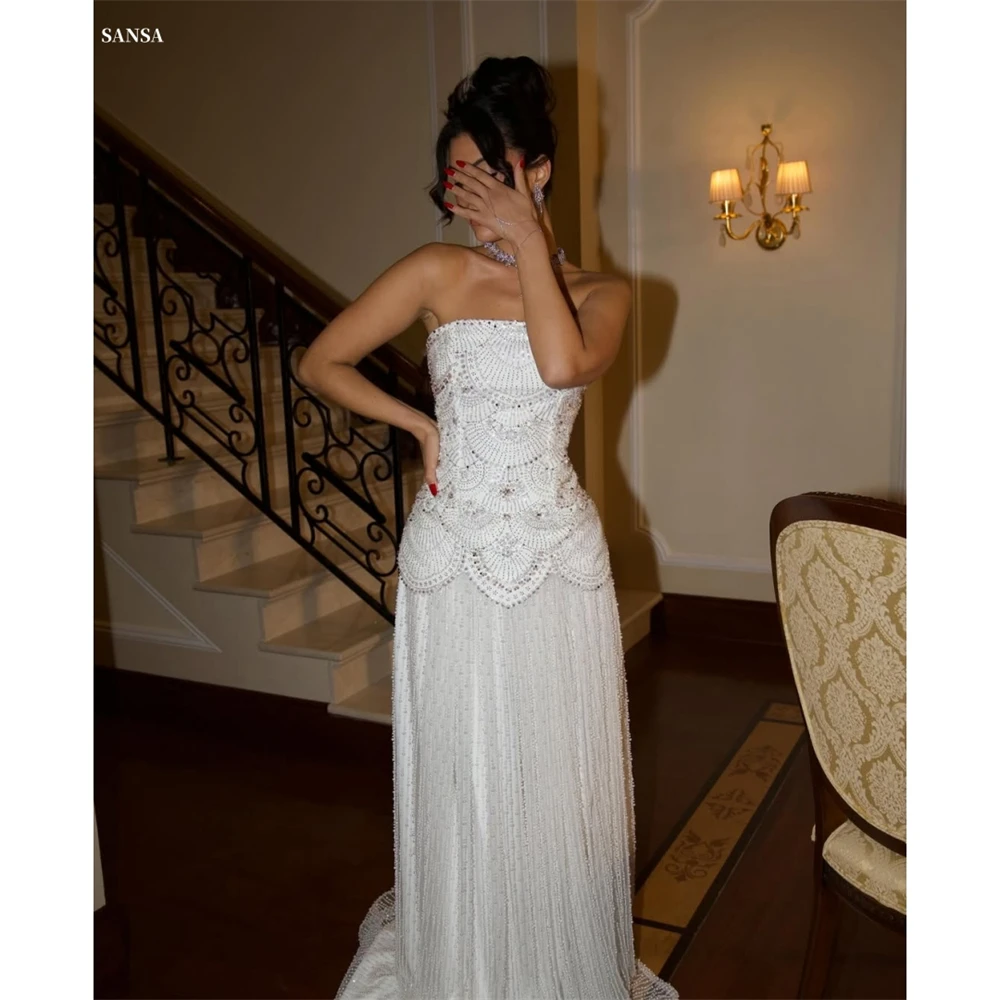 

Sansa Customized White A-line Beading Strapless Prom Dresses Exquisite Sleeveless Vestidos De Noche Floor-Length Formal Evening