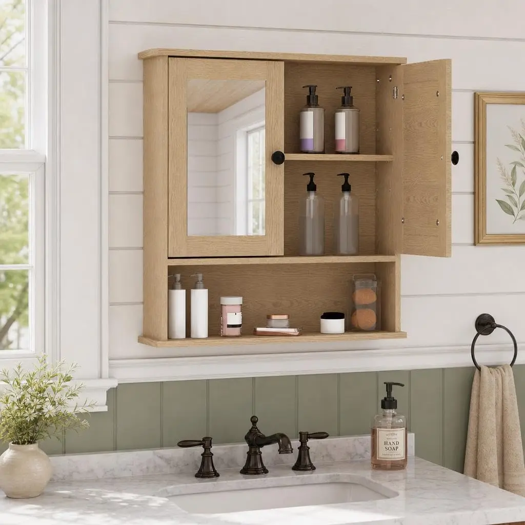Wall Mounted Bathroom Medicine Cabinet with 2 Mirrored Doors, Adjustable Shelf, Mirror Storage Organizer for Bathroom Over Toilet Laundry Kitchen