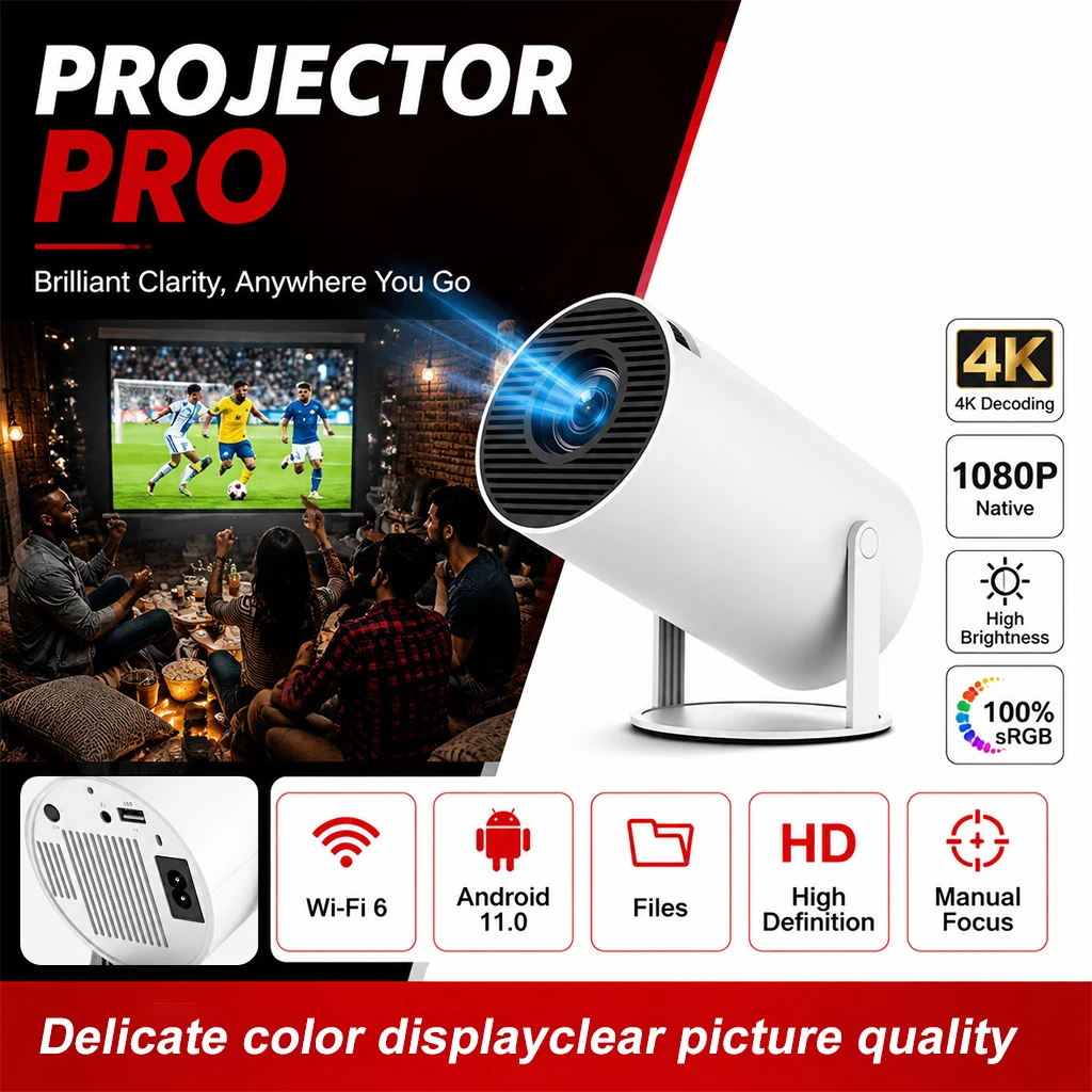 ZNLYRION 4K Decode Mini Smart Projektor 720P Native Android 11.0 WiFi6 BT5.0 Tragbares Heimkino mit automatischer Trapezkorrektur und 130 Zoll Bildschirm