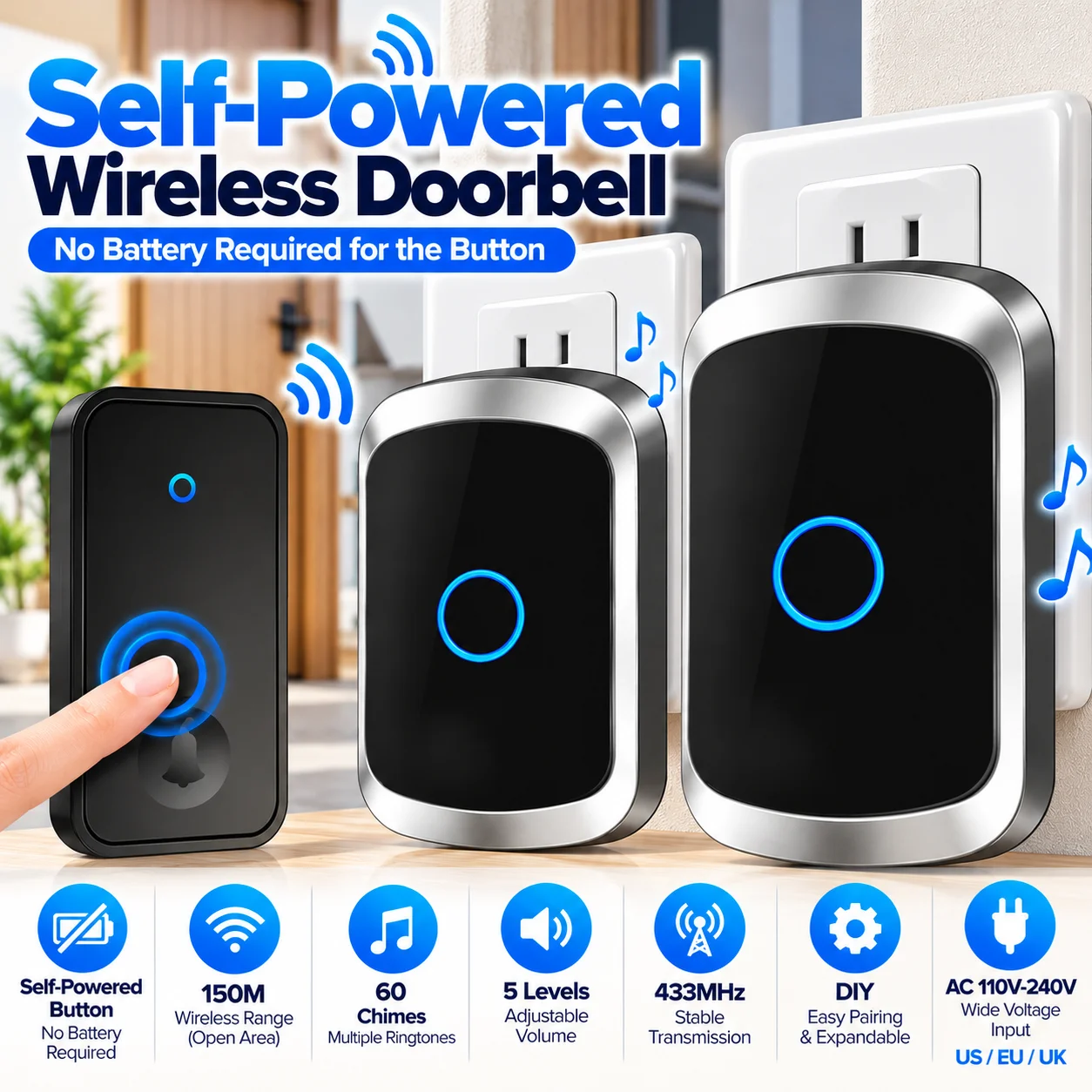 Self Powered Waterproof Wireless Doorbell Smart Home Without Battery Doorbell With Ringtone 150M Remote Receiver Bell