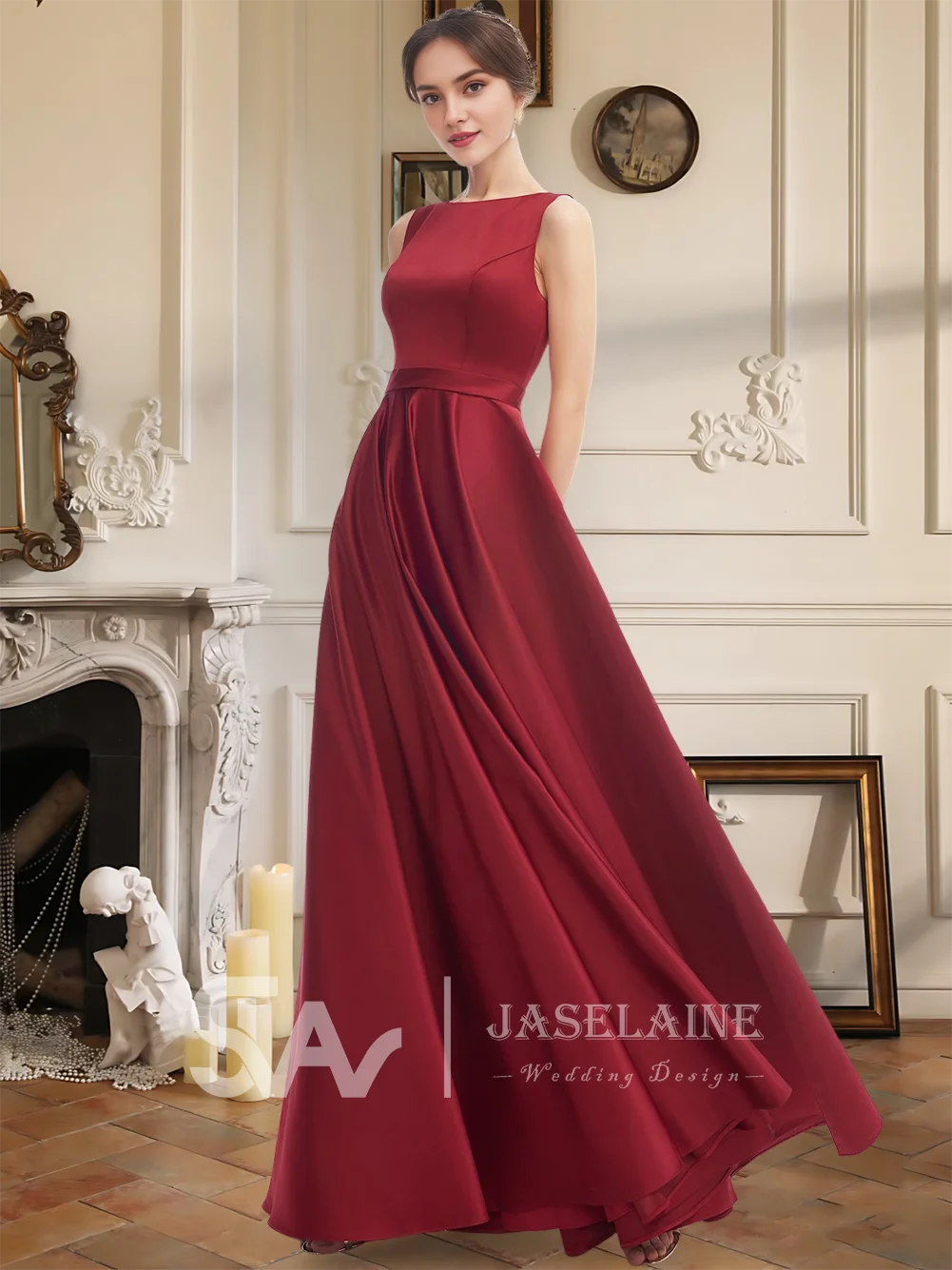 LSB A-Line Floor-Length Satin Scoop Sleeveless Bridesmaid Dresses with Sophisticated Wedding Guest Evening Cocktail Party