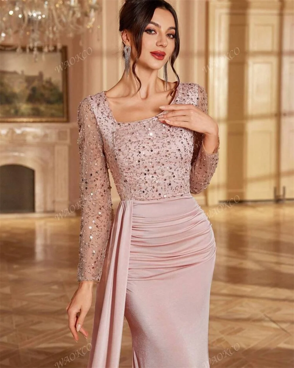 Kobe Customized Square Collar Floor-length Mermaid Prom Dresses Long Sleeve Glitter Evening Dresses Side Train Party Dresses