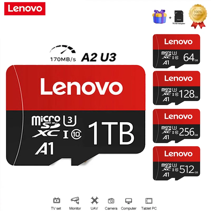 Lenovo 2TB High-Speed V30 A2 4K SD Card 512GB 256GB 128GB Memory Card 1TB Micro TF SD Adapter for Smartphone/Tablet/PC Cross-Use