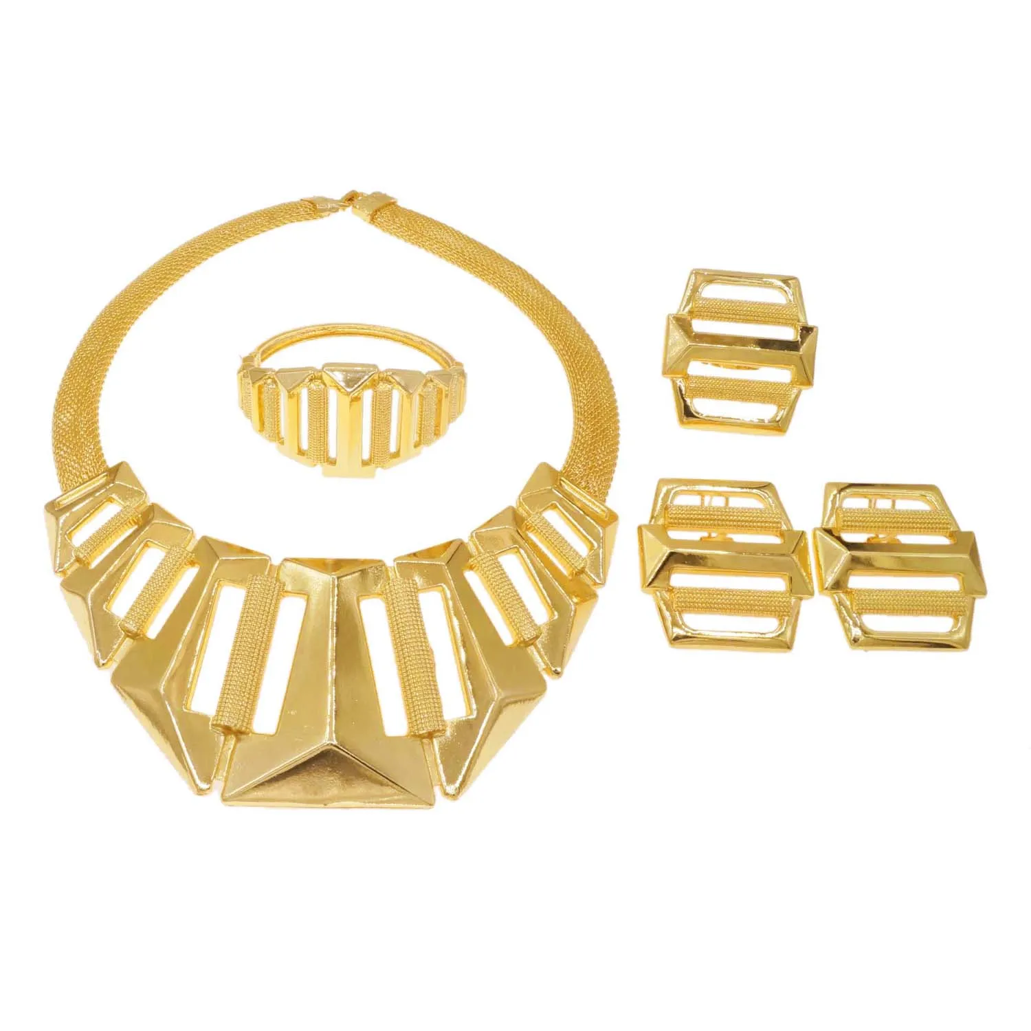 Dubai Gold Plate Jewelry Sets For Women Designer Style Gold Color Glossy Necklace Earrings Bracelet Party Jewelry