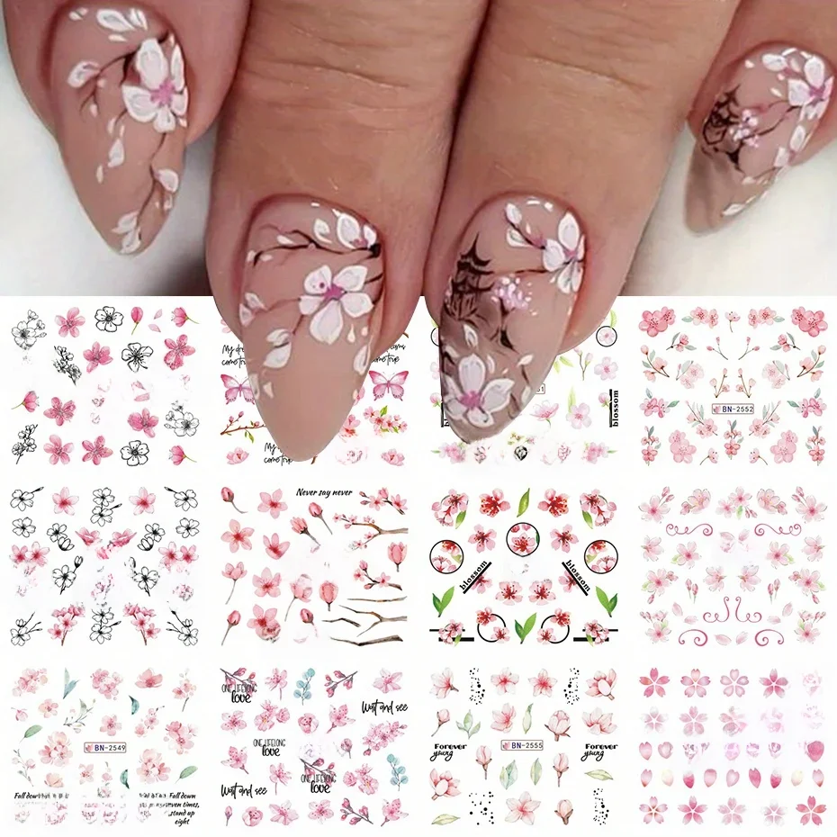 12 sztuk różowy kwiat wiśni woda suwaki do paznokci zimowy nowy rok Sakura kwiatowe liście naklejki DIY akcesoria wiszące Manicure Decor — zdjęcie 2