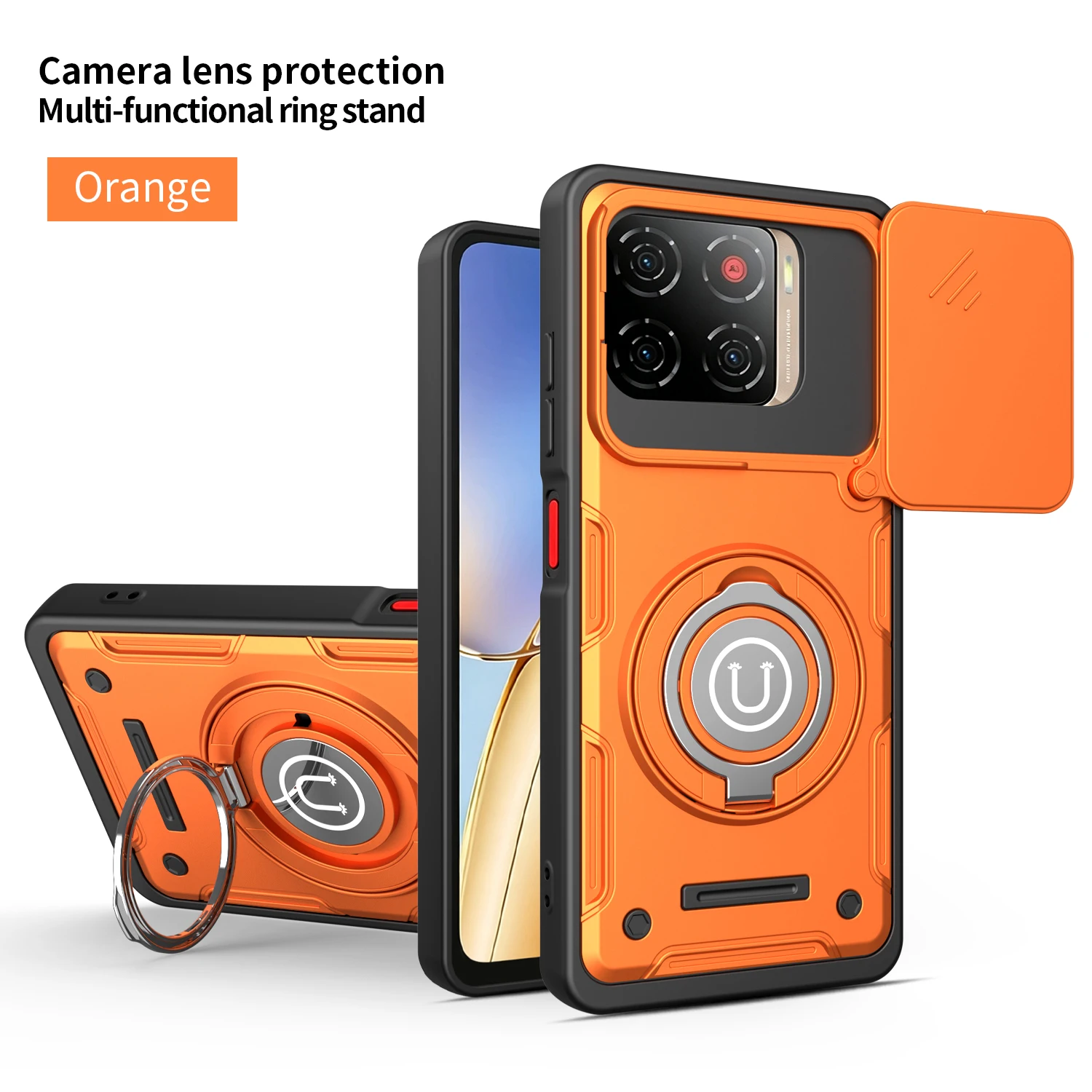 Support magnétique pour voiture compatible avec la coque de téléphone Armor pour ZTE Blade A56 360 °   Support d'anneau rotatif, objectif coulissant, housse de protection anti-chute