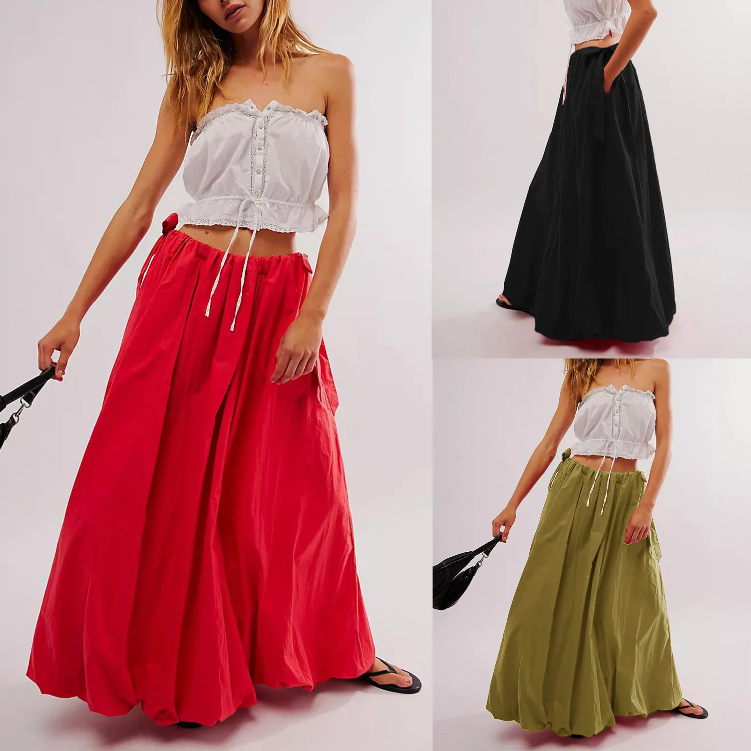 

SKMY Elegant Long Skirts Women Clothing New Solid Color Lace Up Bow Casual Fashion Steeetwear Y2k A-Line Skirts Summer Outfits