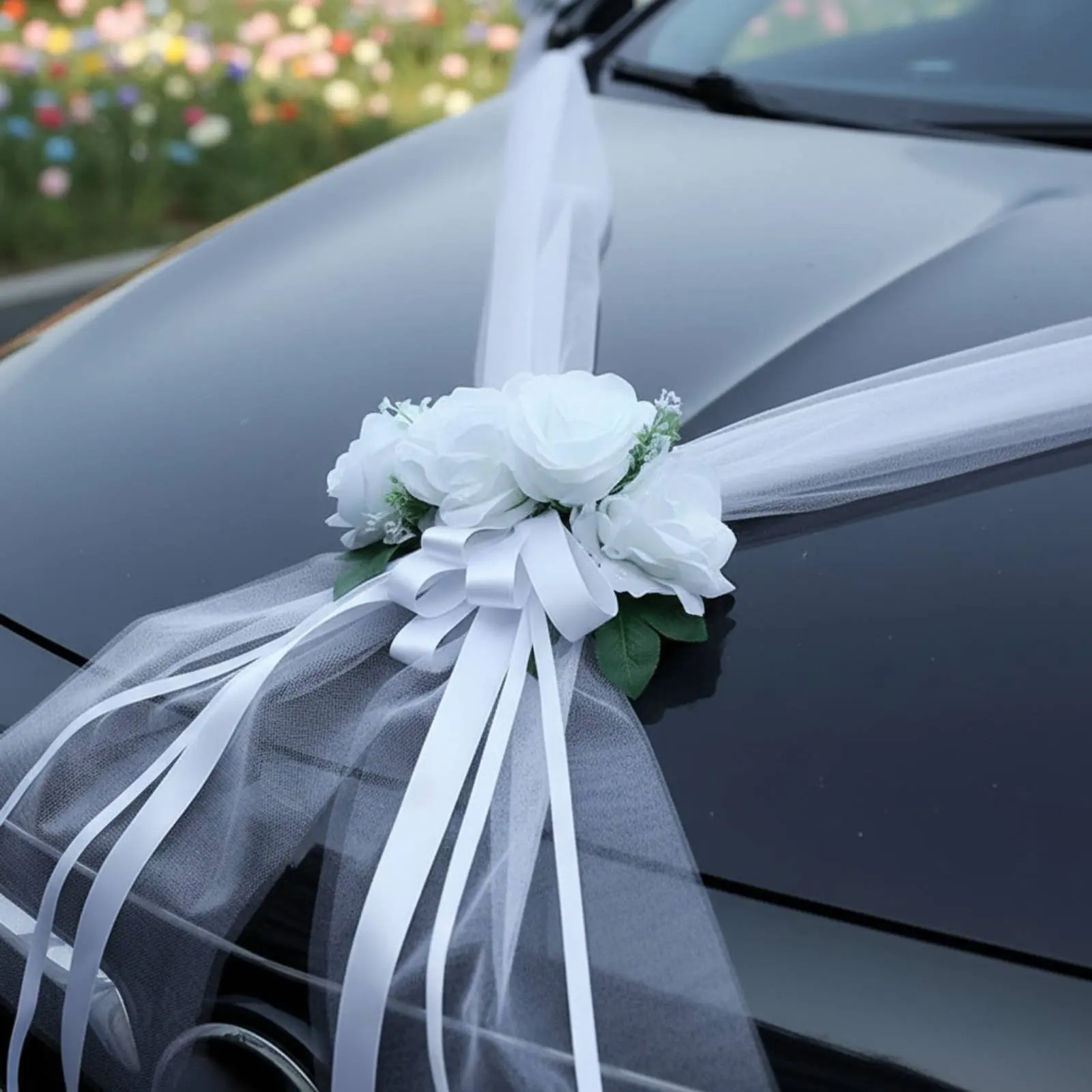 White Wedding Car Flower Decoration Kit Artificial Rose with Tulle Ribbon Suction Cup Design Easy Install Wedding car Decor Set