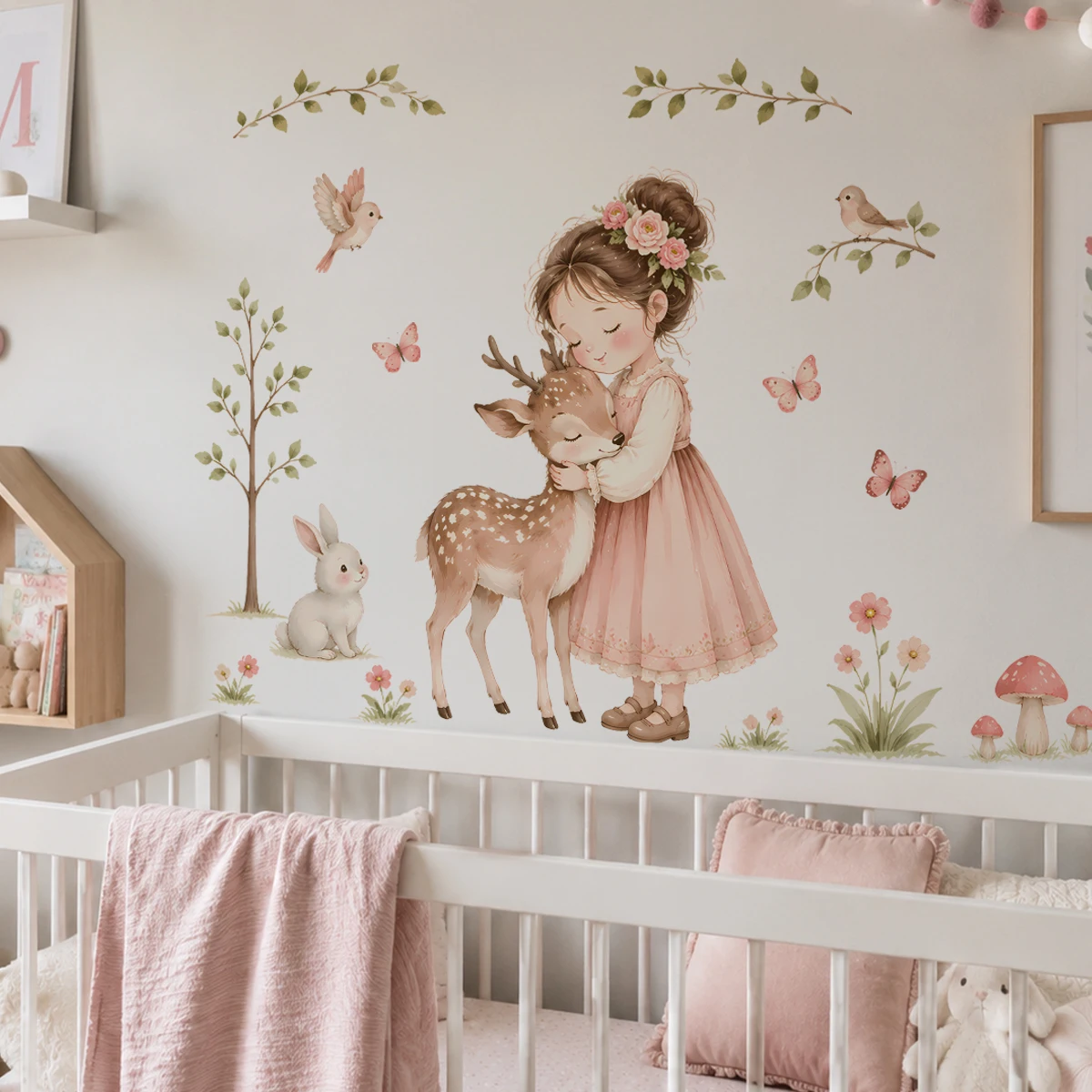 Watercolor Girl Hugging Deer Wall Stickers Cute Bunny Birds Decal Self Adhesive Wallpaper for Baby Girl Nursery Decor