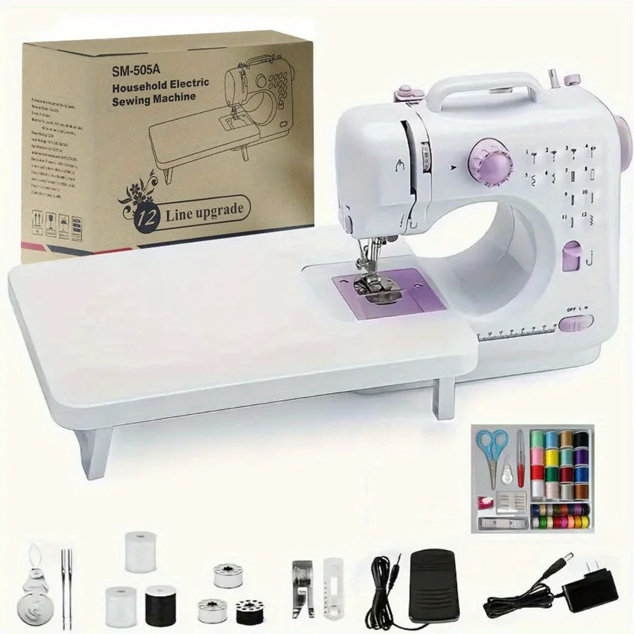 

Electric Sewing Machine with Extension Table, Foot Pedal, Light, and Sewing Kit Tools for 12 Built-in Stitches and 2 Speeds