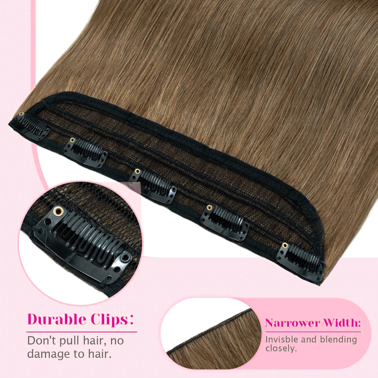 1-Pack 3/4 Full Head Straight Clip In Human Hair Extensions Light Brown Hairpieces 5 Clips One Piece Clip In Extension For Women