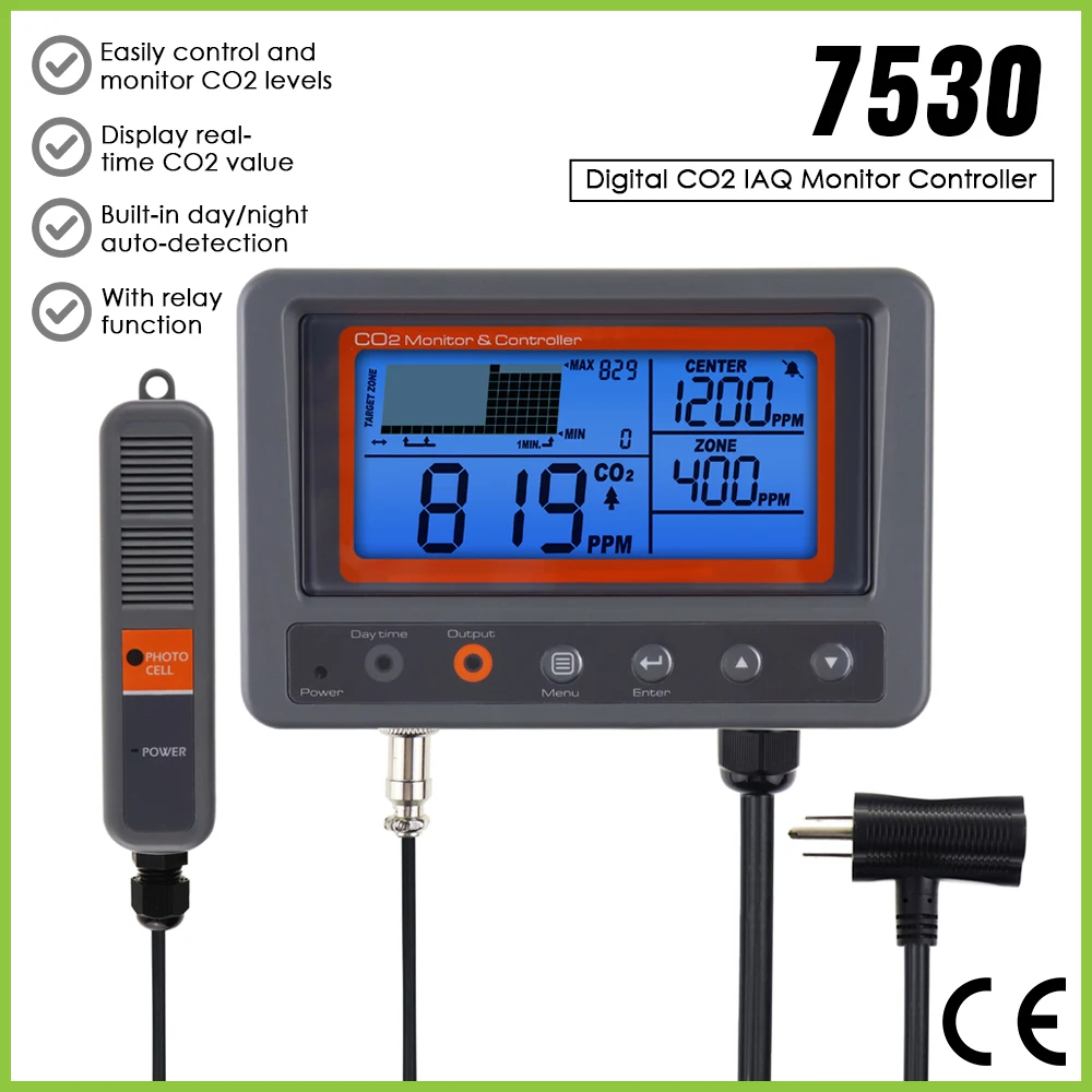 Carbon Dioxide CO2 IAQ Monitor Controller for Green House Home, Office, Factory w/ Relay Function NDIR Sensing Probe