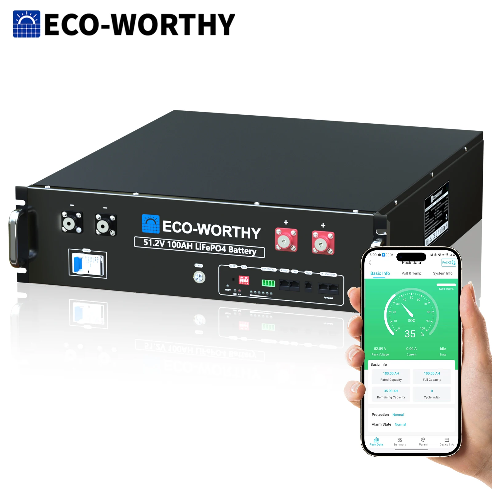 ECO-WORTHY LiFePO4 Battery 48V 100AH,5.12kWh Server Rack Battery (Version 2) with Bluetooth & WiFi,for Home,Shed,Workshop