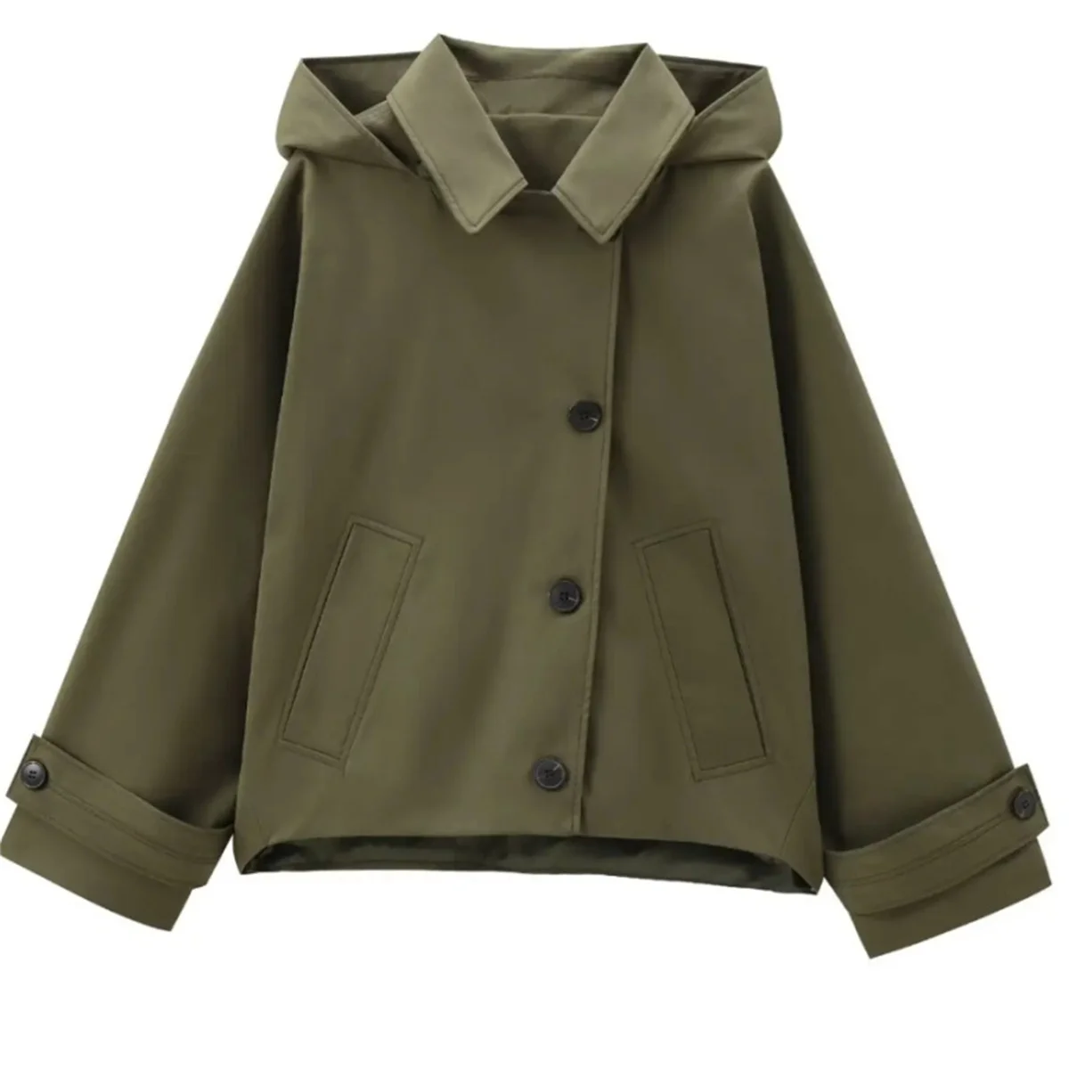

Autumn New Women Hooded Long Sleeved Lapel Jacket Armygreen Single Breasted Trench Coat Windbreaker Outerwears Cropped Jacket