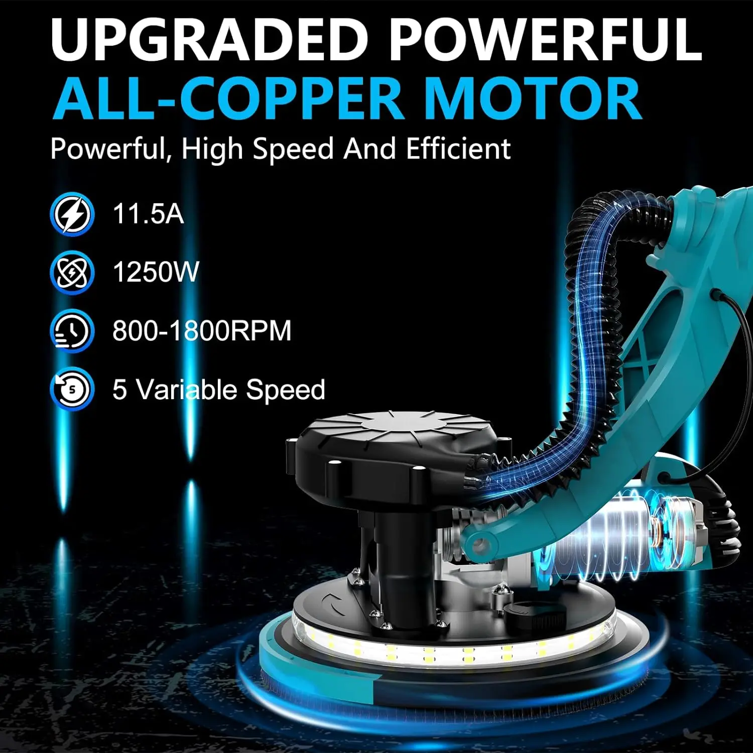 1250W Drywall Sander 220V Adjust Speed Foldable Floor Wall Polishing Grinding Led Light Wall Putty Polisher Machine Auto Dust