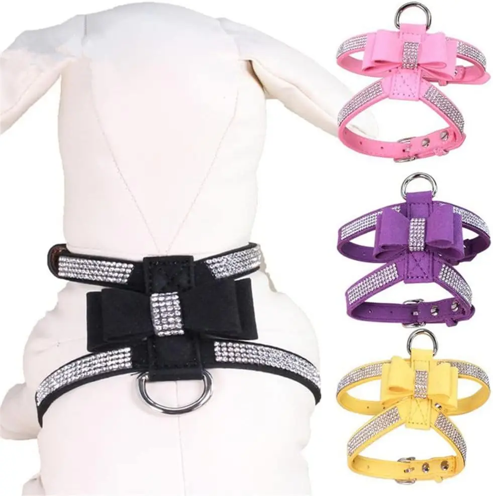 

Luxury Rhinestone Dog Harness with Bowknot Set – Adjustable No-Pull Pet Vest for Small Dogs & Puppies