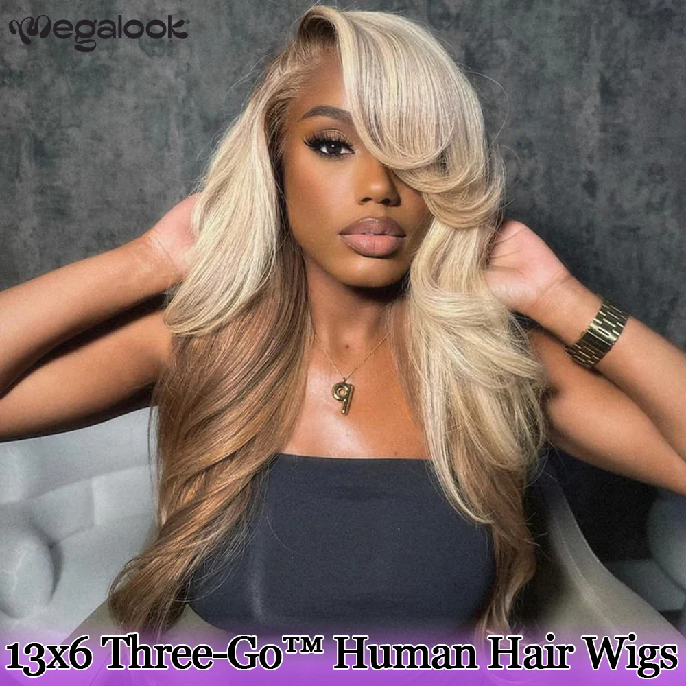 Megalook 13x6 Three-go Blonde and Brown Ombre Glueless Wigs Loose Body Wave