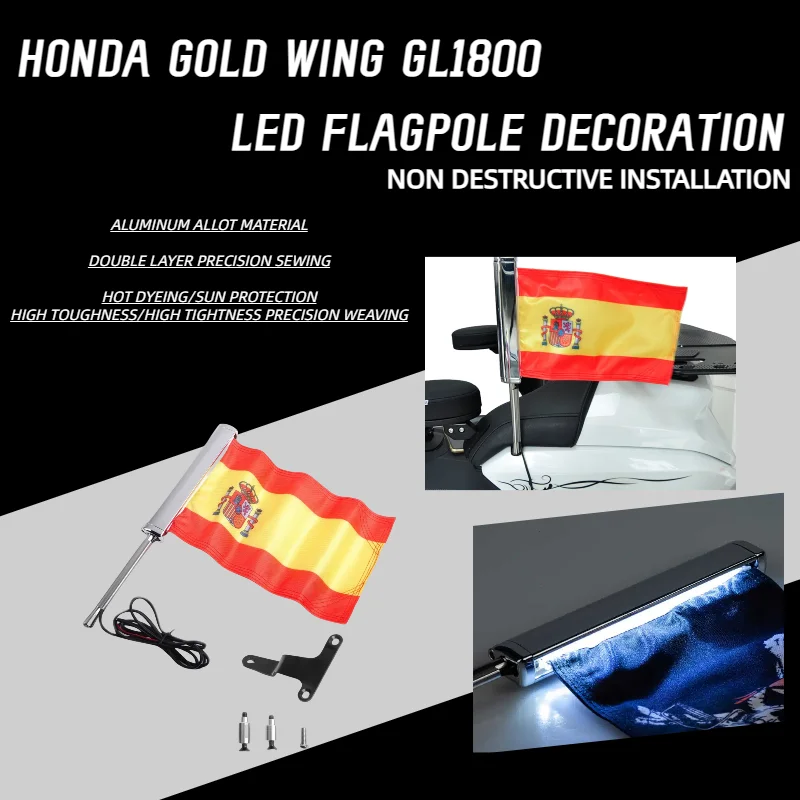 

Motorcycle items Gold wing GL1800 Spain Flag Decoration For Honda Moto LED Passenger Rear Luggage Flag Set Flagpole-PANICAL