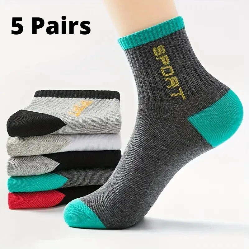 5pairs/set Men\'s Breathable Colorblock Socks Crew Socks For All Seasons