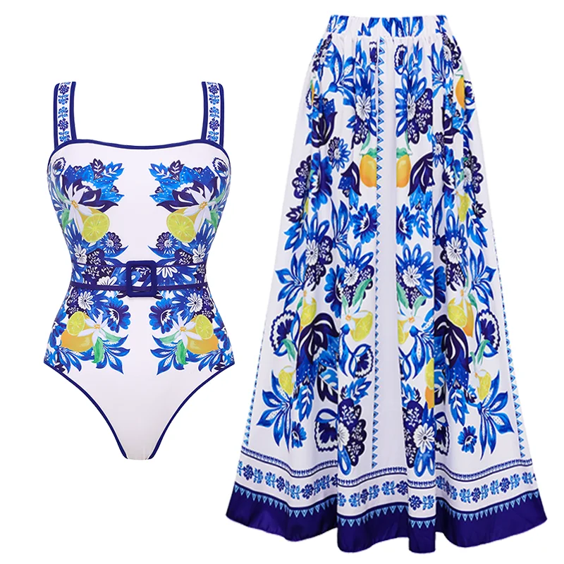 Women Sling Lemon and Creative Pattern Print One Piece Swimsuit and Skirt Beachwear bikini Two piece Bathing Suit