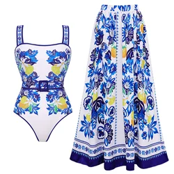 Costume da bagno intero da donna con stampa limone e motivo creativo e gonna costume da bagno bikini a due pezzi