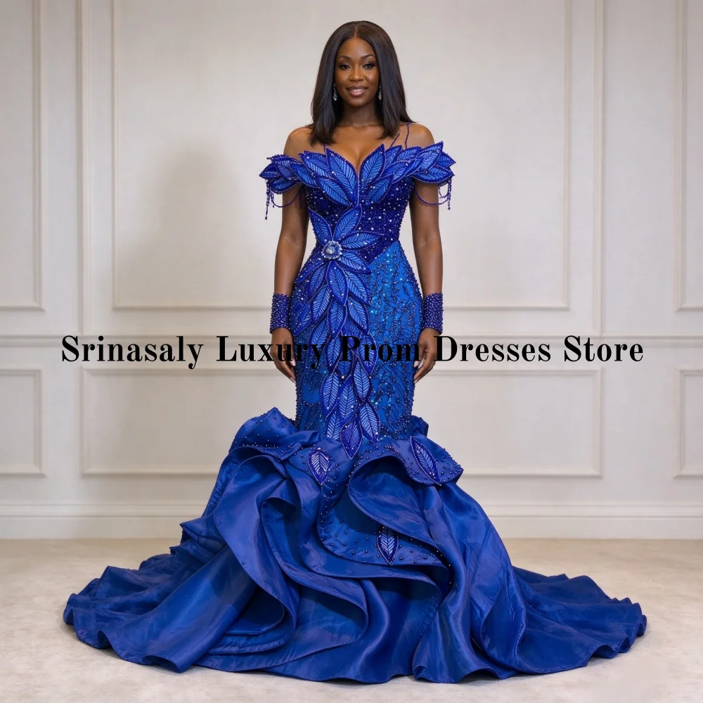Luxury Gem Applique Mermaid Prom Dresses Customized Black Girls Off Shoulder Birthday Party Gown Elegant Evening Robe De Soiree