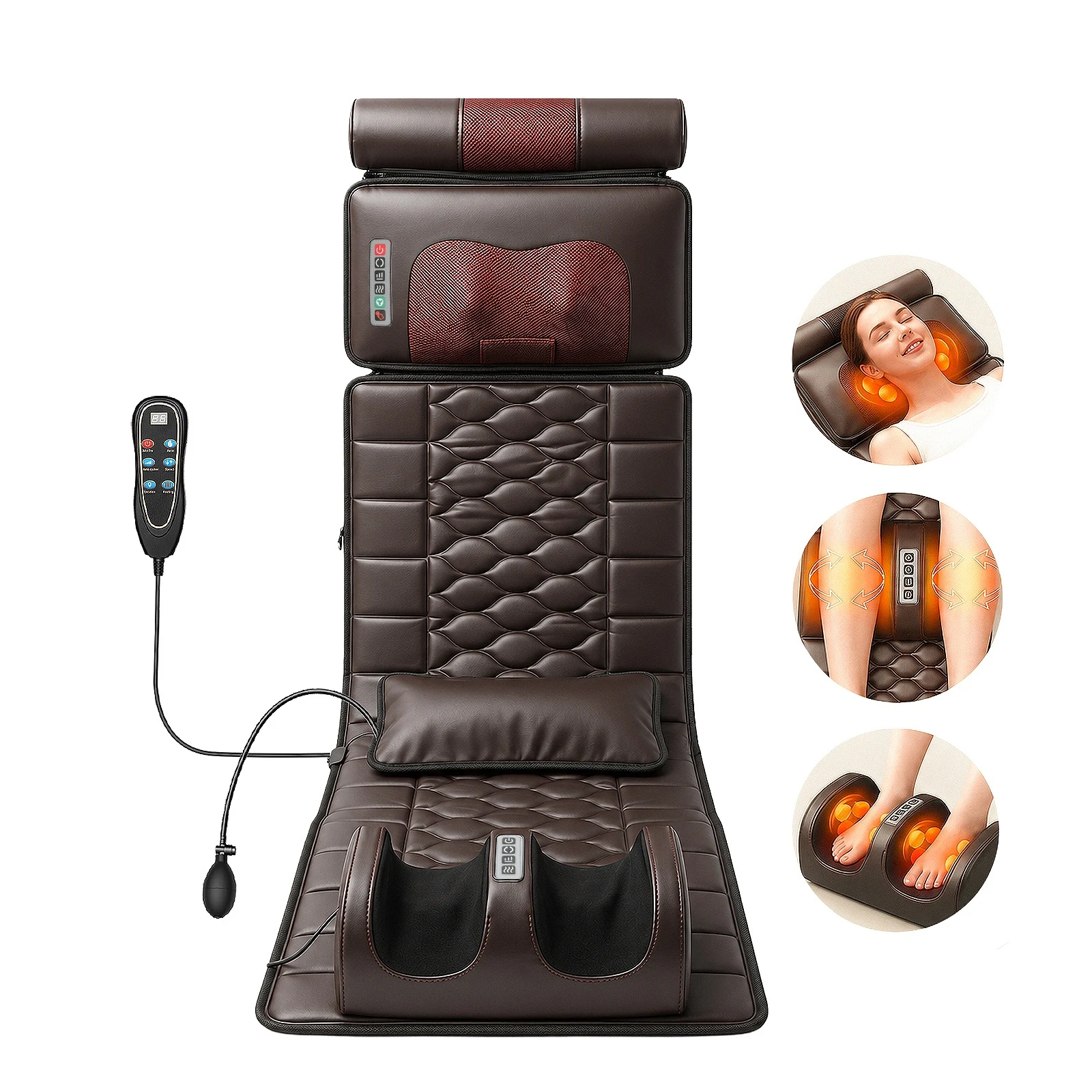 Elektrische Ganzkörper-Massagematte mit Heizung, Handsteuerung, Luftkompression, Knetmassage für Schulter, Nacken, Taille und Rücken, Vibration, tragbare beheizte Massagematte für Entspannung zu Hause