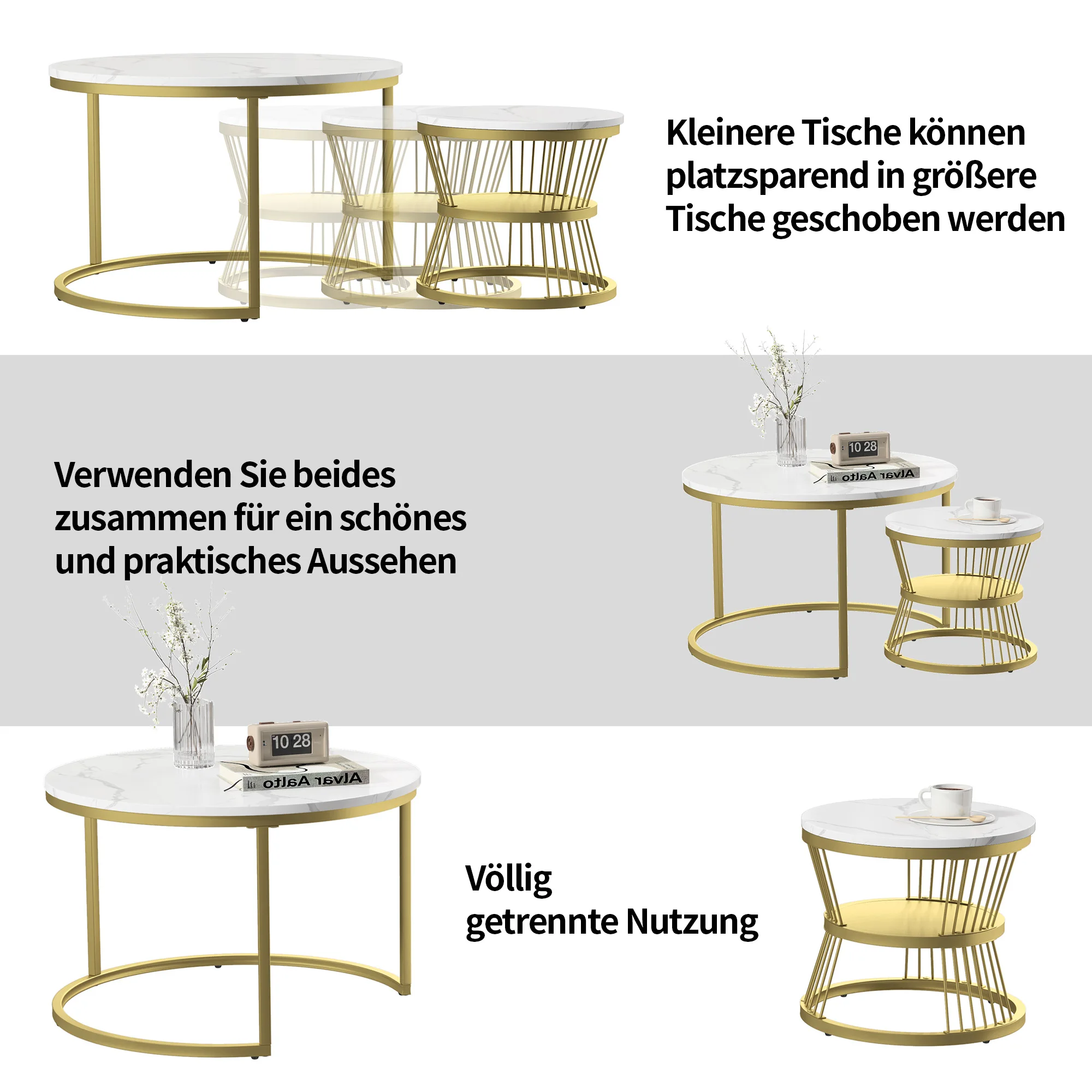 2 Stück moderner Nesting Couch tisch, Couch tisch Set Marmor Furnier Sofa Seiten nest von Tischen runde Beistell tische, 2er-Set, goldener Rahmen
