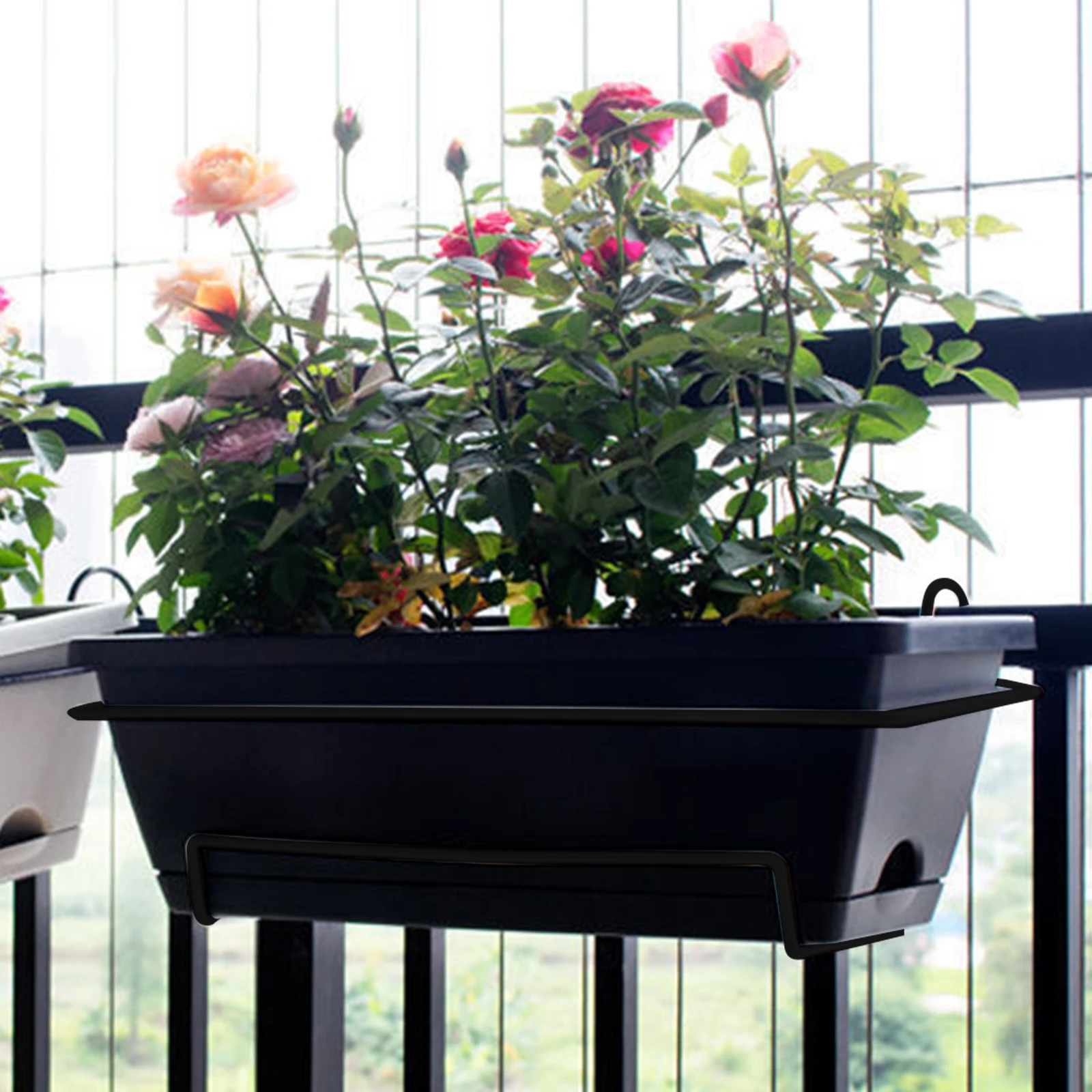 Balcony Railing Planter Plant Basket Fence Planter with Rack and Tray Flowerpot Window Box Planter for Deck Yard Countryside