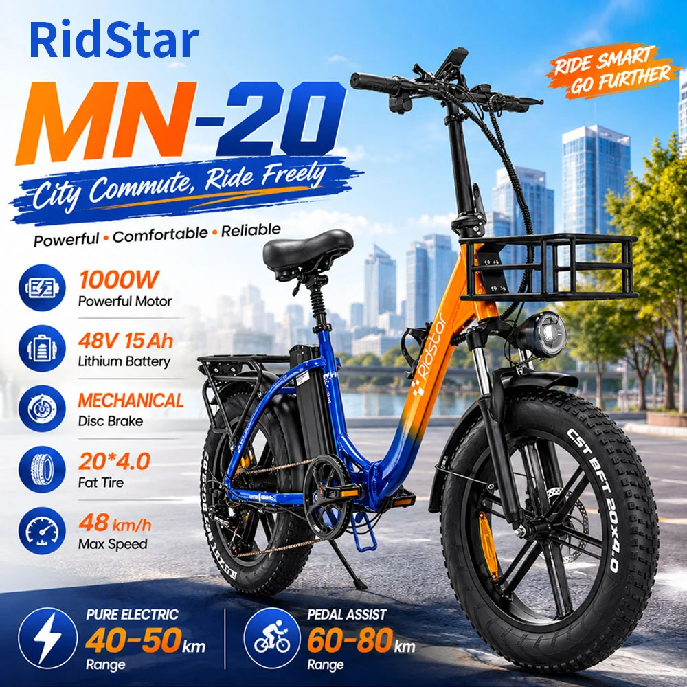 Bicicletta Elettrica Pieghevole per Adulti Ridstar Mn-20 1000W 48Km/H Pura Elettrica 50Km 48V 15Ah Bicicletta Elettrica da Città con Pneumatici Fat da 20"