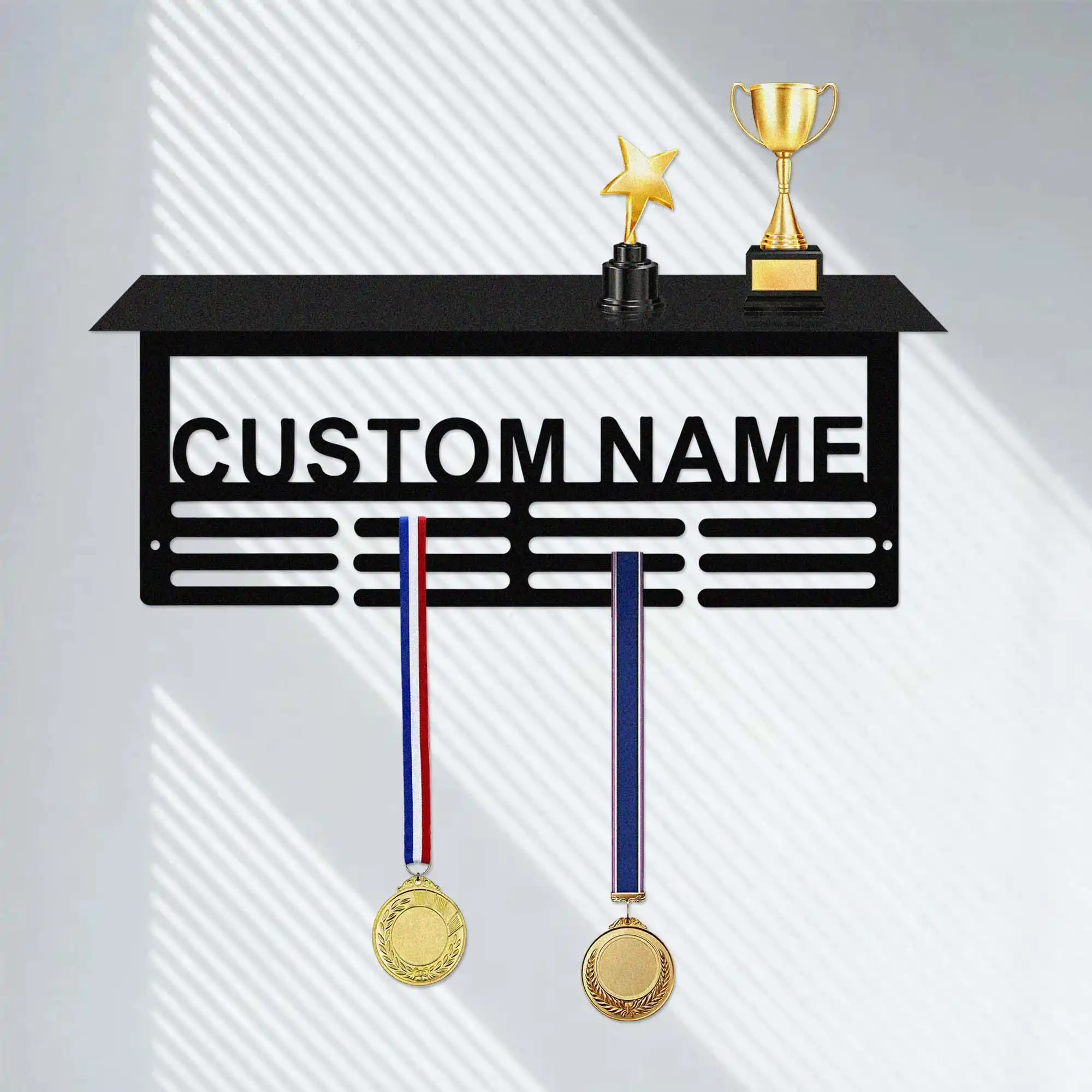 Personalized Name Medal Hanger: Custom Sports Medal Holder, Trophy Shelf, Display Awards Sign