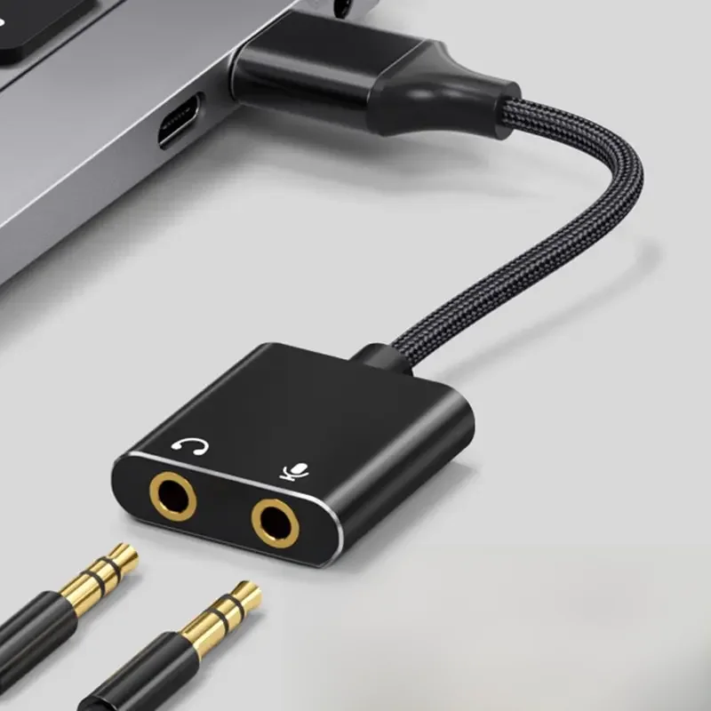NONE Adaptateur de carte son USB avec câble tressé, adaptateur audio externe pour ordinateur portable Windows Mac, prise de téléphone de sauna et microphone, 3.5mm 3