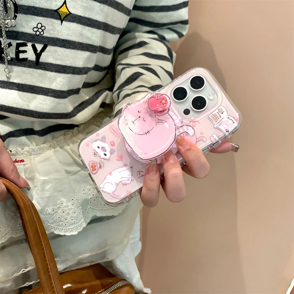 Korean INS cute cartoon kitten magnetic stand phone case for iPhone 16 15 14 13 17 Pro Max cover rotary holder protective cover