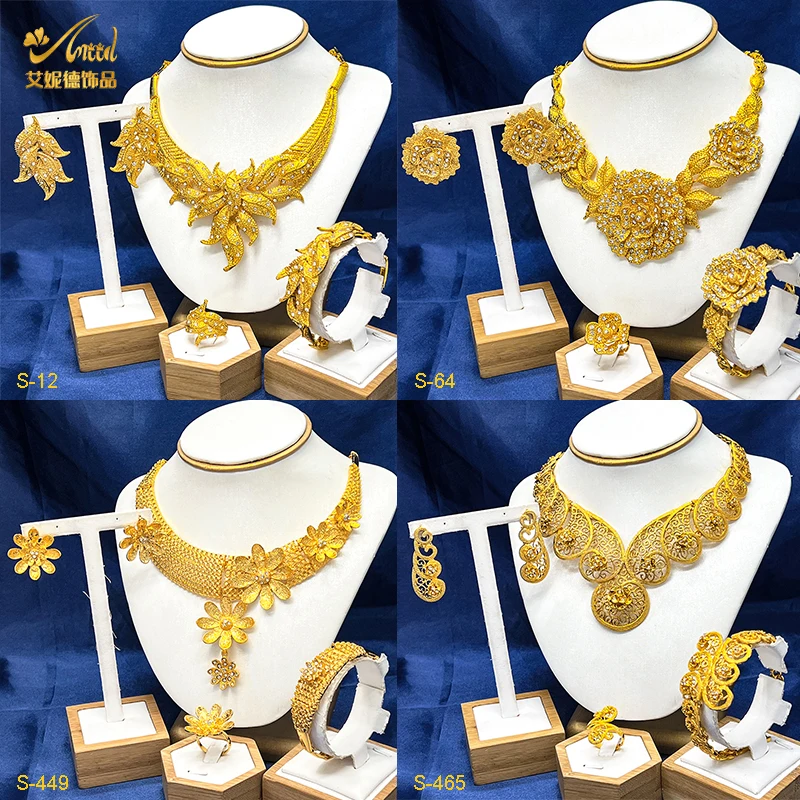 

Indian Dubai 24k Gold Color Necklace Set For Women Wedding Party Banquet African Big Pendant Choker Ethiopian Luxury Jewelry Set