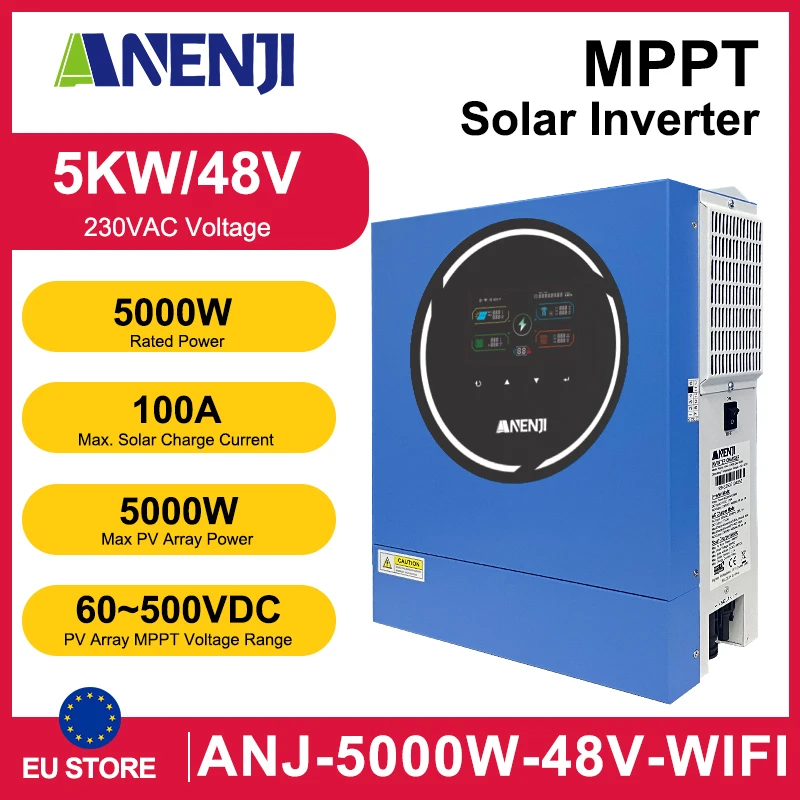 ANENJI 5KW 48V Hybrid Solar Inverter 220V MPPT 100A Built-in WIFI Inverters Dual Output On/Off Grid for Solar Panel Home Applian