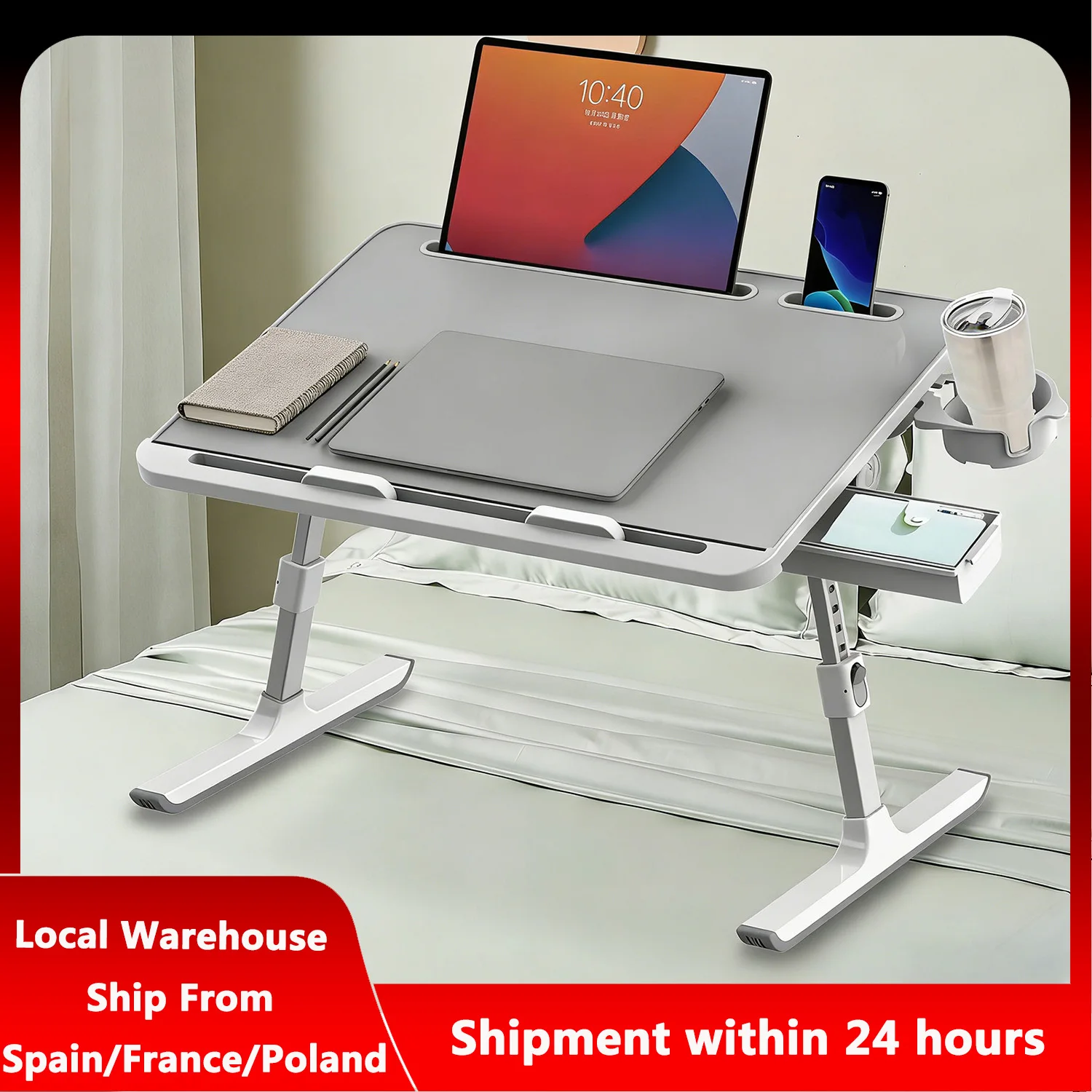 Bureau pliable pour ordinateur portable, table réglable en hauteur et en angle, capacité de charge de 15 kg, avec fentes, porte-gobelet, barres antidérapantes et tiroirs