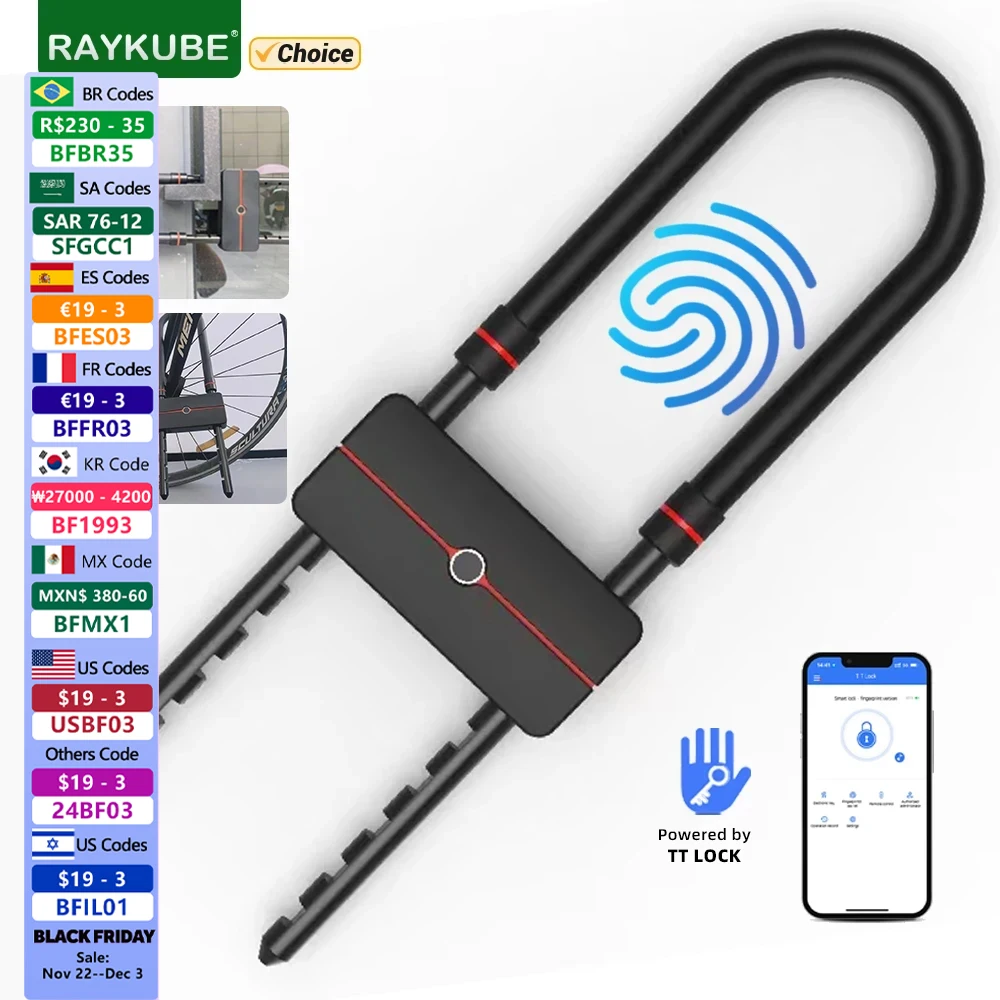 RAYKUBE Waterproof TT Lock APP Control U-Shape Electronic Bicycle Lock Smart fingerprint U-Lock with TT Lock BLE Passcode Unlock