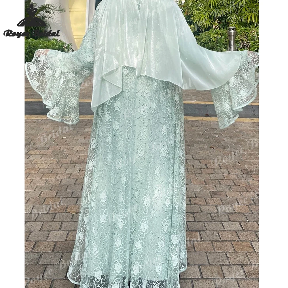 Elegant Lace Sequin Lace Evening Dresses 2026 Two Pieces bell sleeves  Set Abaya Occasion Dresses فساتين سهرة