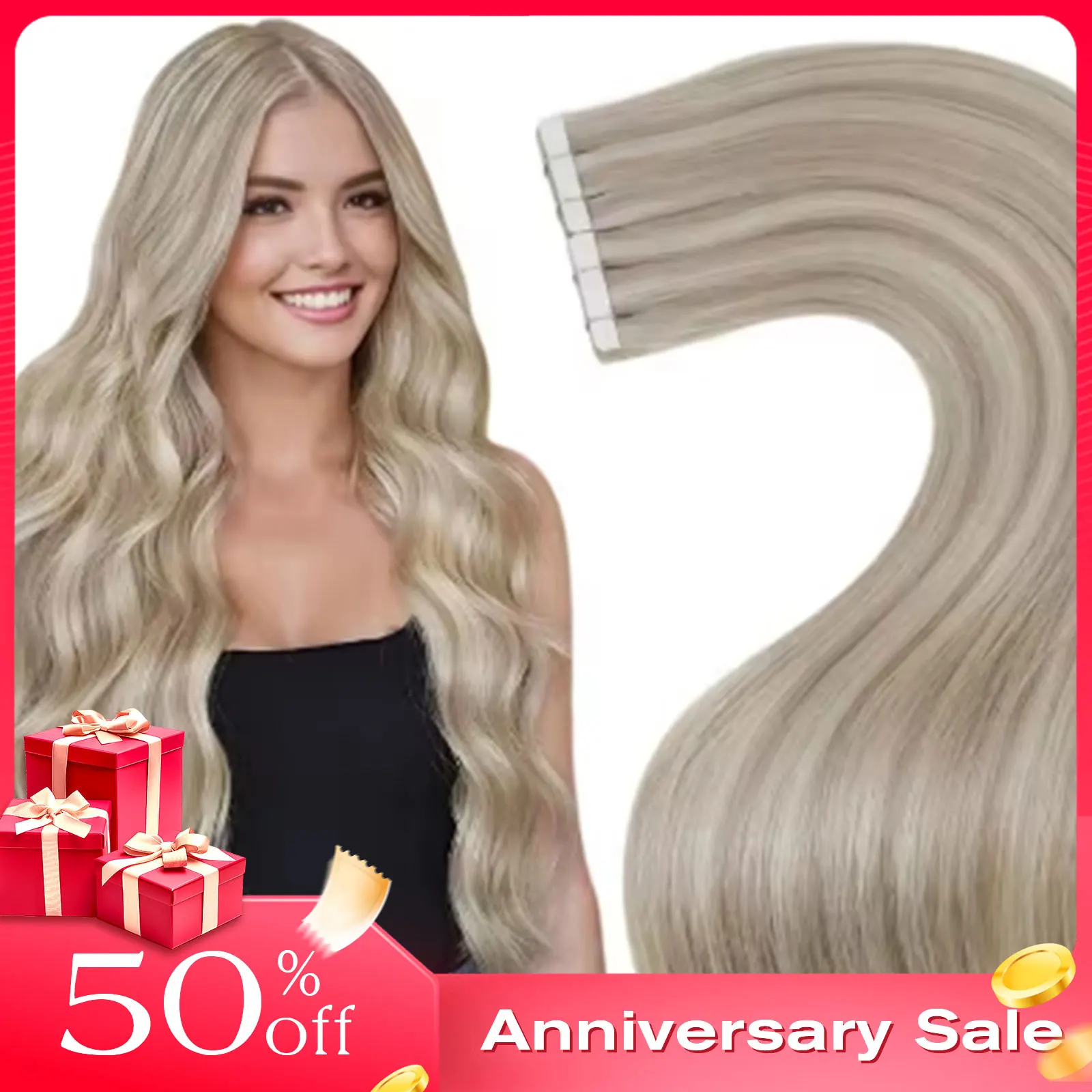 Laavoo Tape in Human Hair Extensions Prawdziwe ludzkie włosy Brazylijskie przedłużanie Prosta taśma z naturalnych włosów Remy w doczepach 20P i 40P