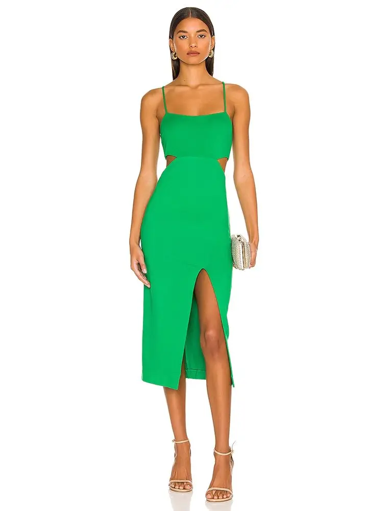 Women's Cut Out Midi Bandage Dress Rose Red Green Spaghetti Strap Bodycon 2022 Summer Sexy Elegant Club Evening Party Dresses