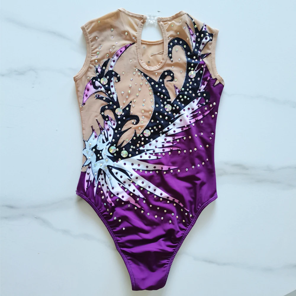 Nhịp Nhàng Thể Dục Dụng Cụ Leotards Đen Phối Lưới Trắng Mô Phỏng Hoa Ngọc Trai Đá Quý Thi Hiệu Suất