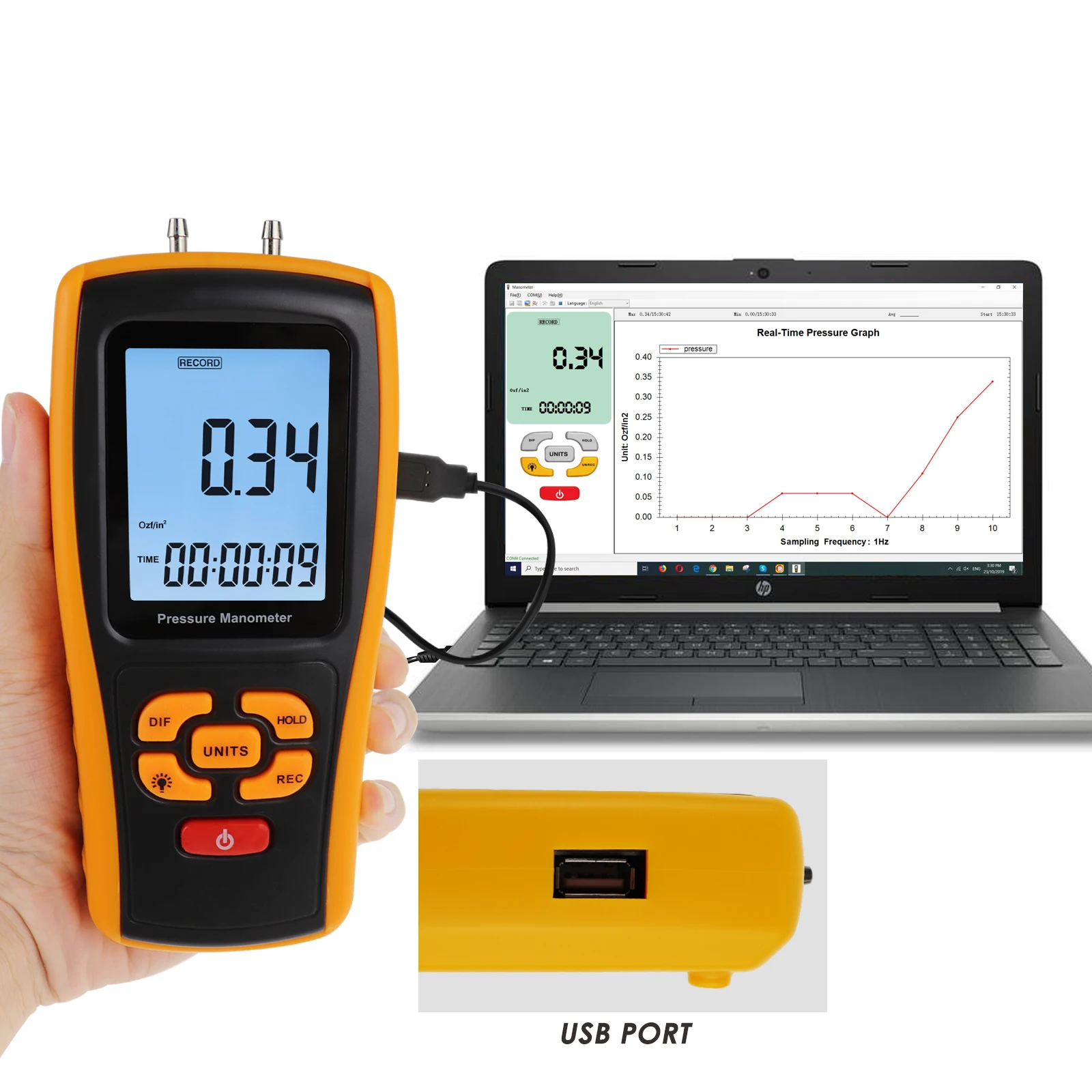 Digital Manometer With 11 Units  Air Pressure Meter Portable Pressure Gauges Dual Port Software Gas Air Tester