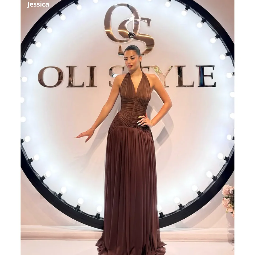 

Jessica Reddish Brown Evening Dresses Halter Neck Pleated A-line Prom Dresses Women's Formal Occasions Party Dresses Customized