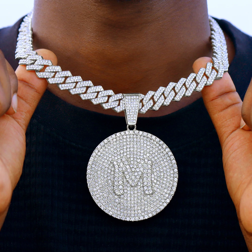 Hip-Hop Cuban Link Kette mit Rundem Buchstabenanhänger für Männer und Frauen, Vereiste Strass 14MM Miami Kette, Unisex Schmuck – Detail 7