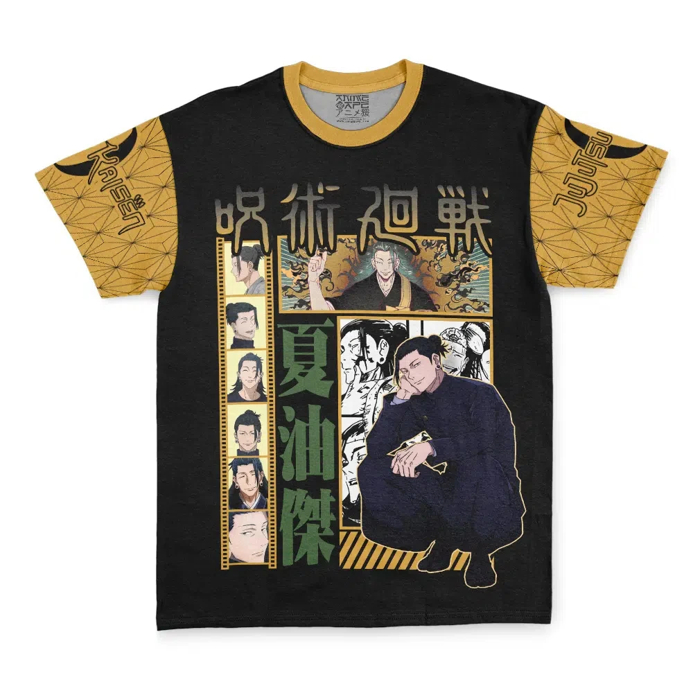 Herren Jujutsu Kaisen Geto Suguru Raglan T-Shirt, Gelbes Hex-Gitter Anime Otaku Streetwear Kurzarm Casual Tee