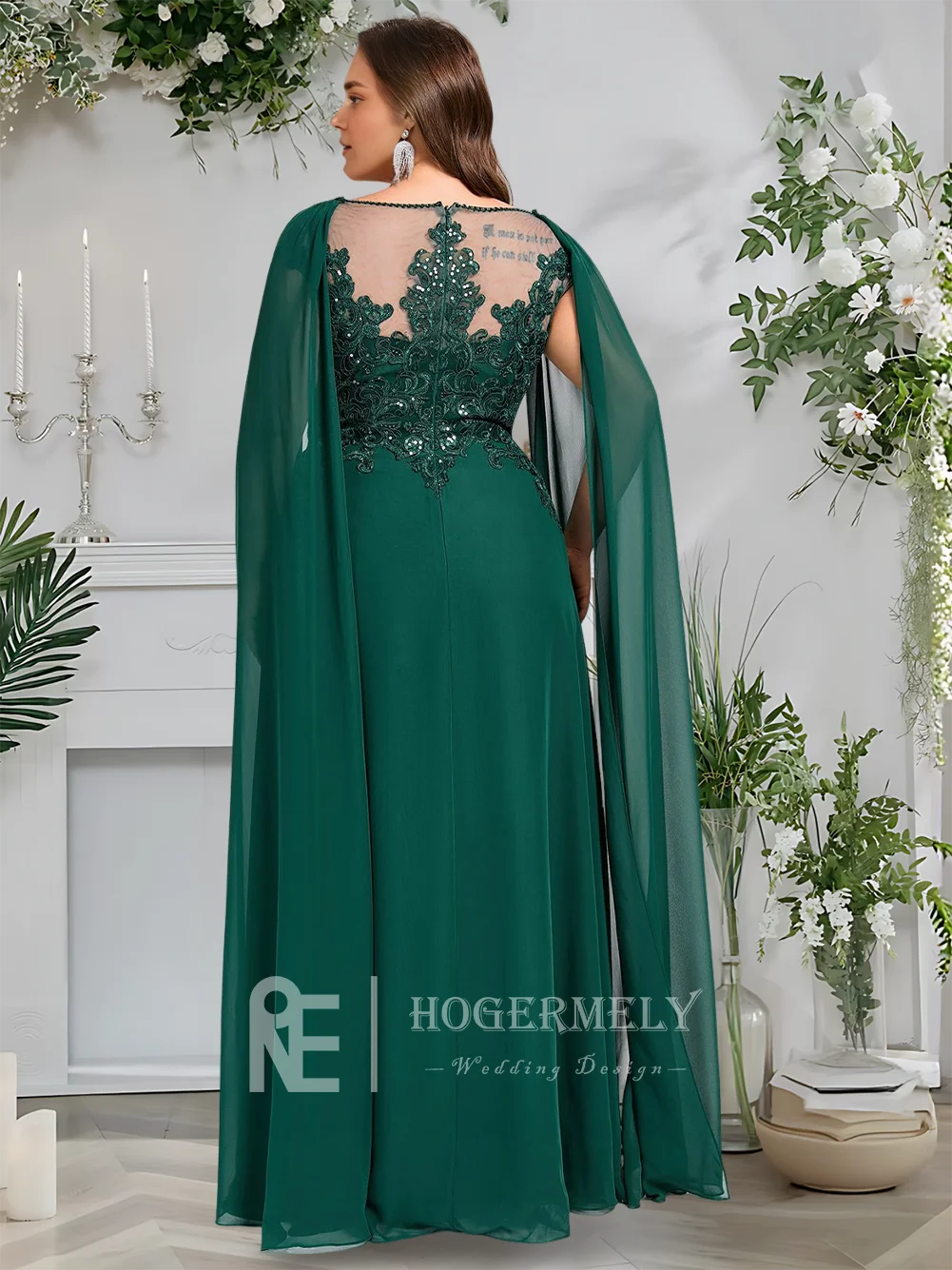 ​ ​ イブニングドレス ダークグリーン Aライン スクープ イリュージョン シフォン レース プロムドレス エレガント マキシレングス スパンコール ウェディングパーティー フォーマル